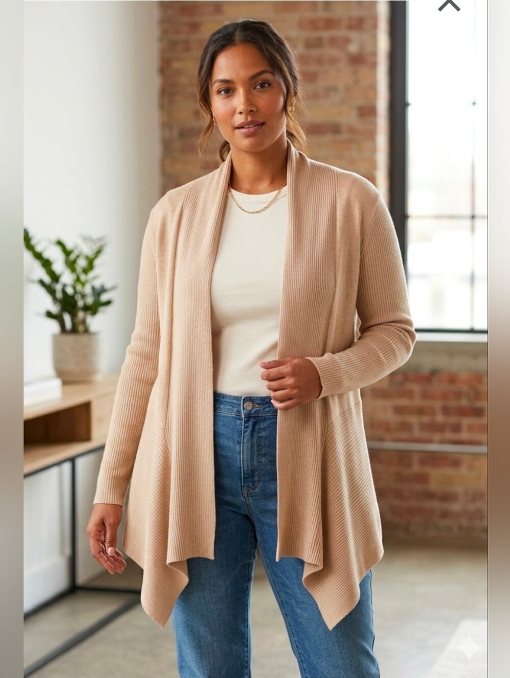 Covington Petite Beige Open Front Waterfall Ribbed Cardigan Knit Sweater XL